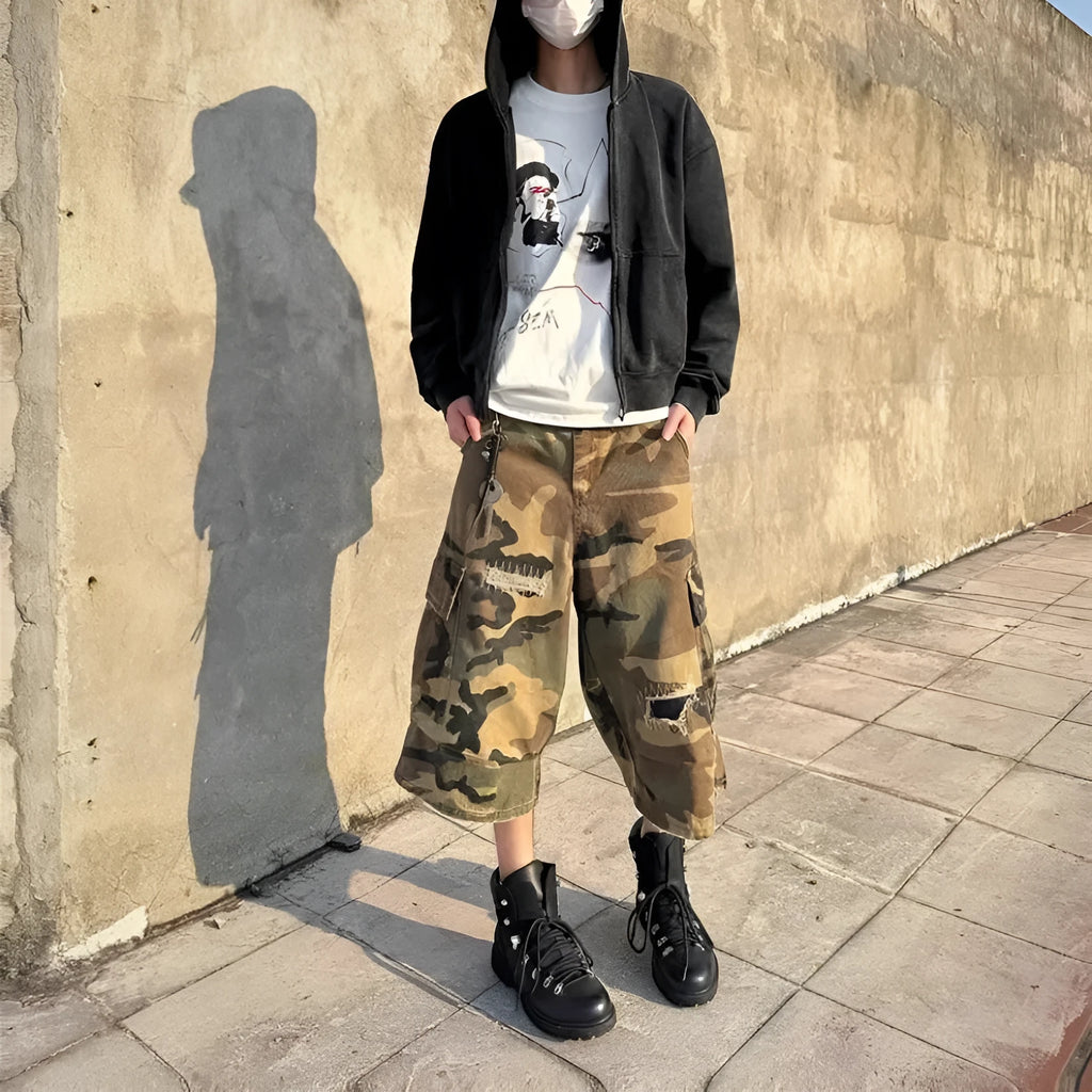 Men's camouflage colour ripped cropped jeans with retro patches in straight leg loose fit casual style