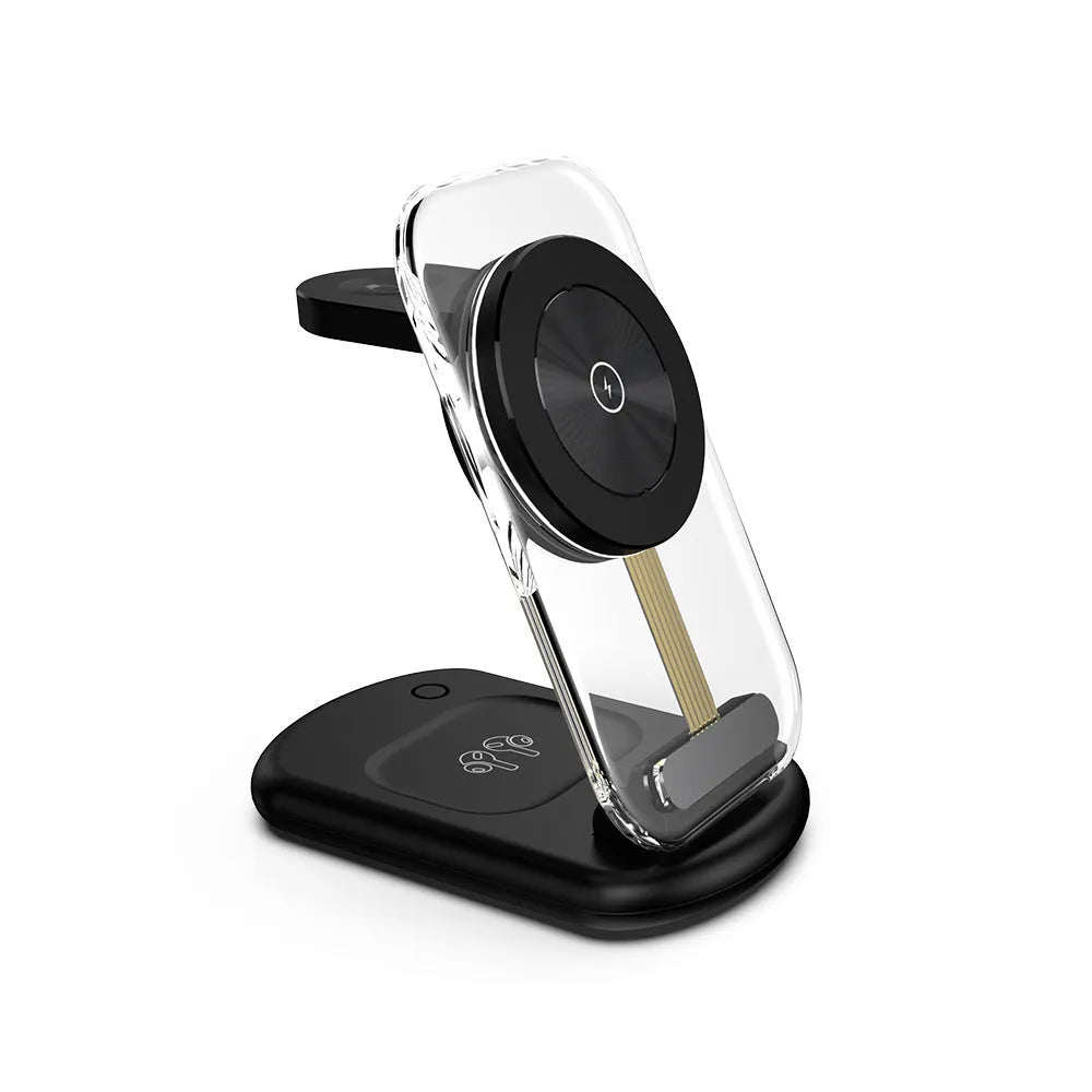 Transparent folding three-in-one magnetic wireless charger in black on a white background.