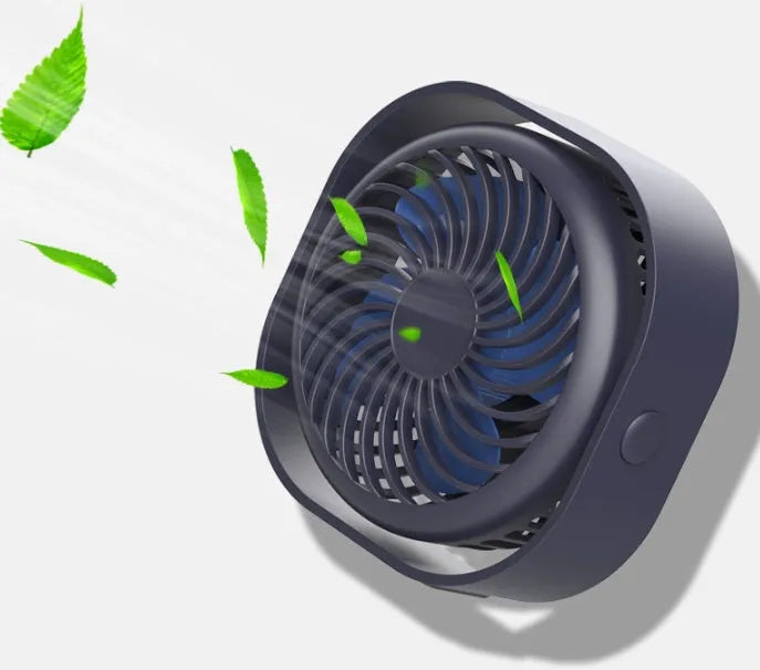 Blue USB desk fan with 360-degree rotation and rotary switch on a desk.