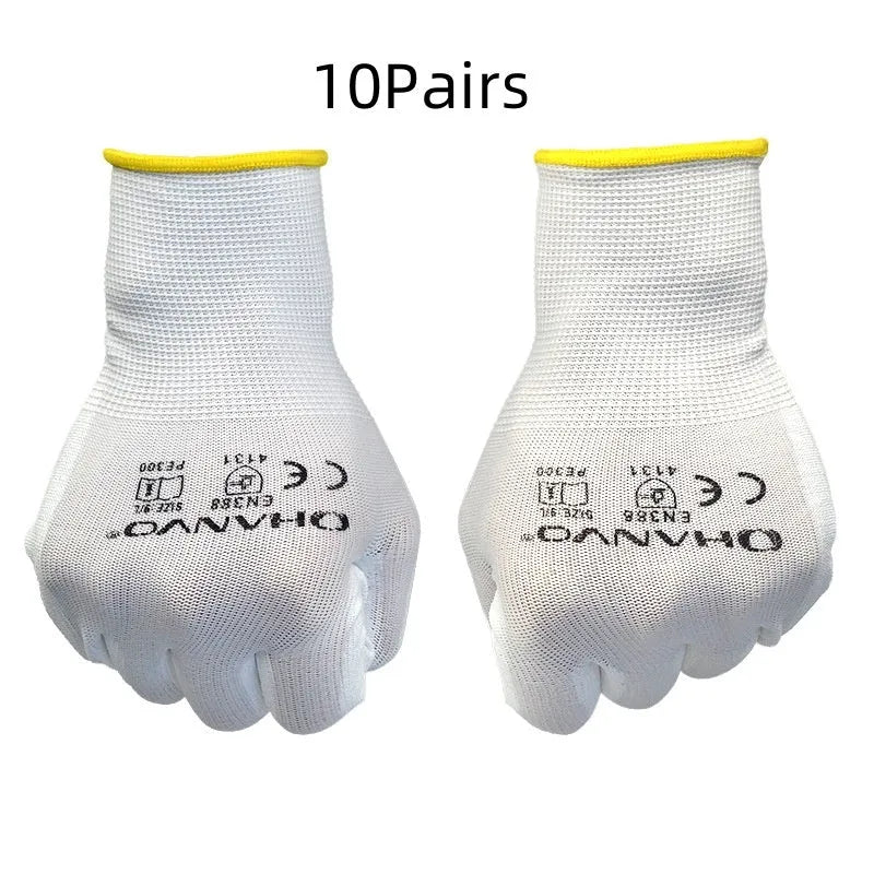 White PU coated labour gloves showing textured palm, displayed in medium and large sizes.