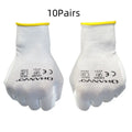 White PU coated labour gloves showing textured palm, displayed in medium and large sizes.