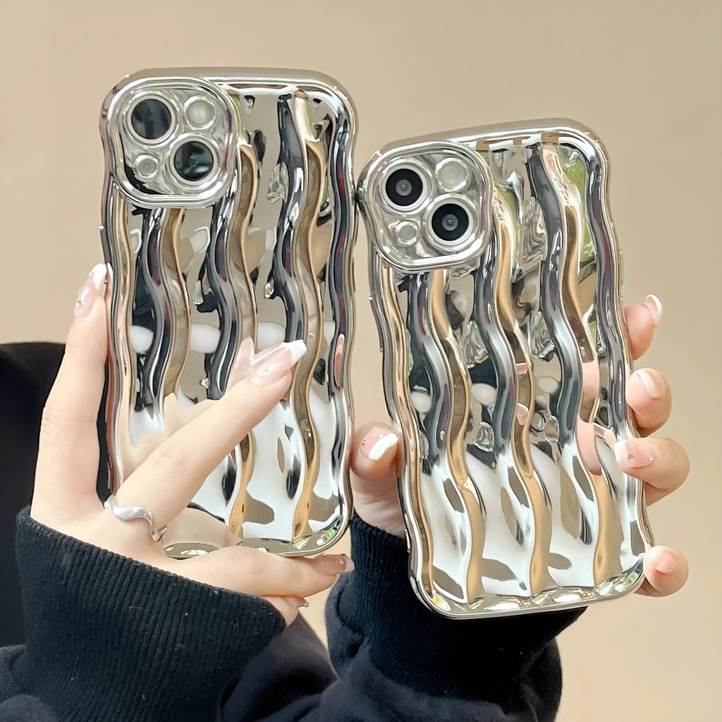 iPhone 17 phone case with raised wave stripe pattern in electroplated silver colour.