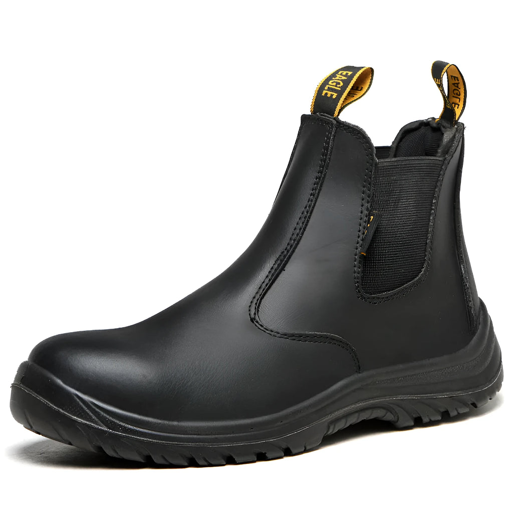 Black high-top leather safety work boots with anti-piercing sole protection