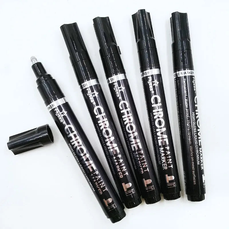 Flysea 3.0mm chrome metal marker pen with reflective paint for writing on multiple surfaces.