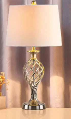 European style alloy bedside lamp with touch dimming, cold warm light, and USB charging port.