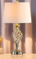 European style alloy bedside lamp with touch dimming, cold warm light, and USB charging port.