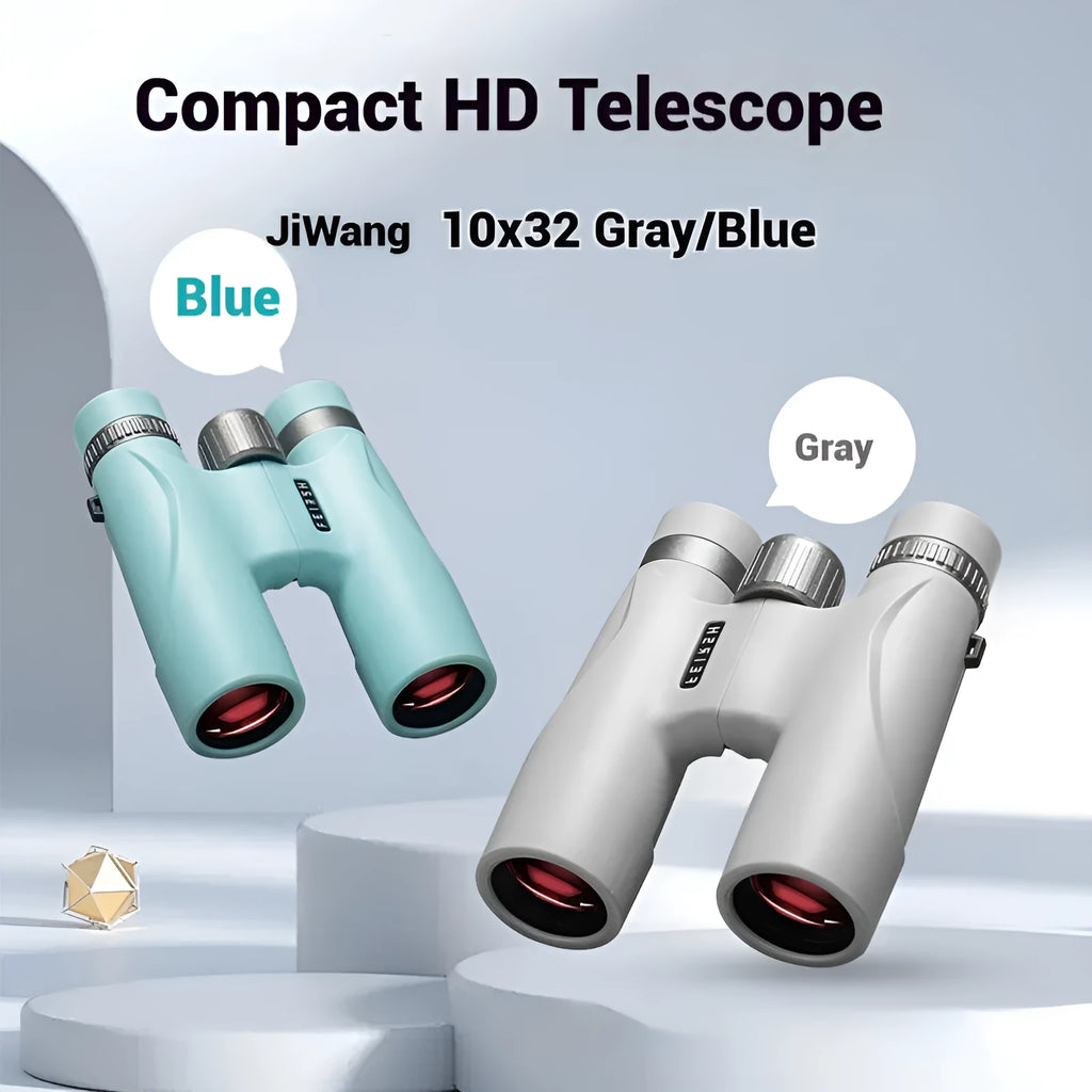 Compact blue binoculars with 10x32 magnification shown from multiple angles