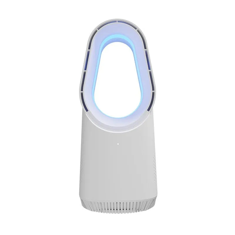 White SK bladeless tower fan with touch screen controls, suitable for floor or desktop use