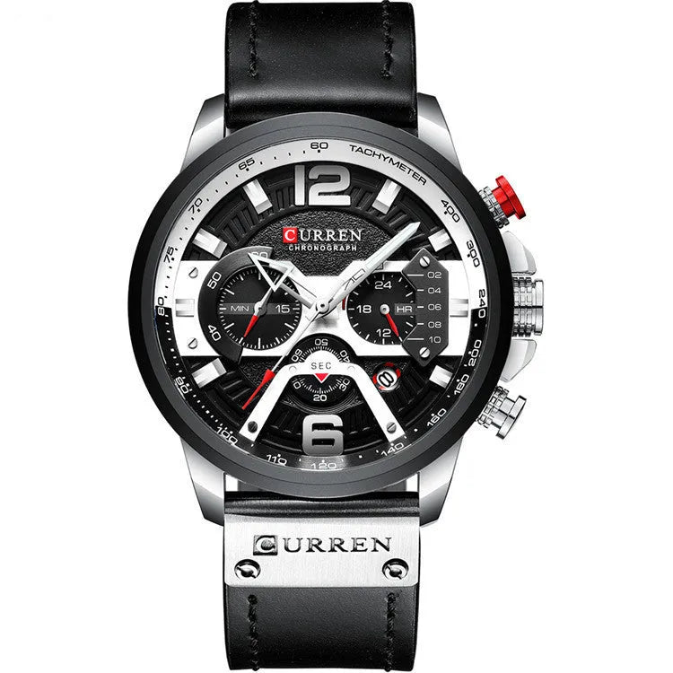 Men's sports watch with black face, black leather strap, alloy case, and 30M waterproof rating