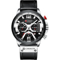 Men's sports watch with black face, black leather strap, alloy case, and 30M waterproof rating