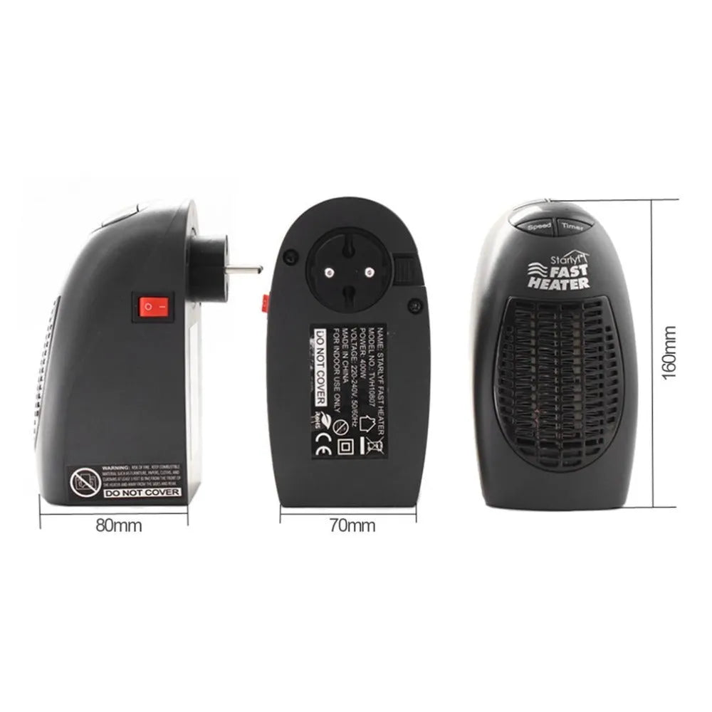 Black mini electric heater with digital display and a rotating plug on a table.