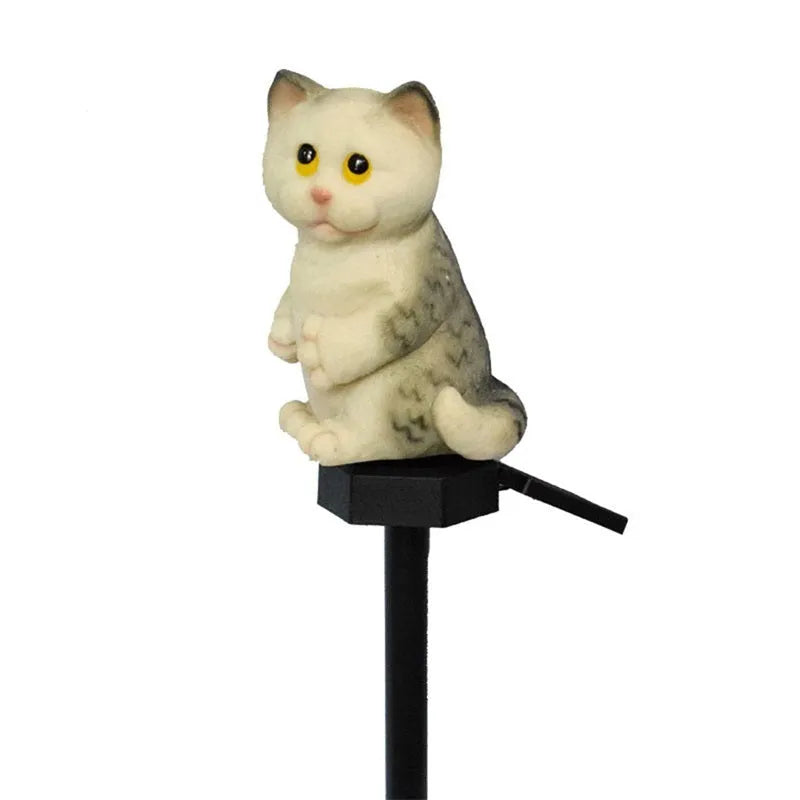 Brown resin cat-shaped solar garden light with LED, for courtyard decoration.