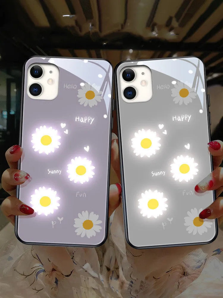 Luminous iPhone case with voice-activated colour light and decorative daisy design on TPU protective shell