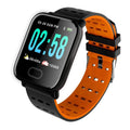 A6 smart bracelet with colour screen and silicone strap shown in black, blue, and orange colour options.