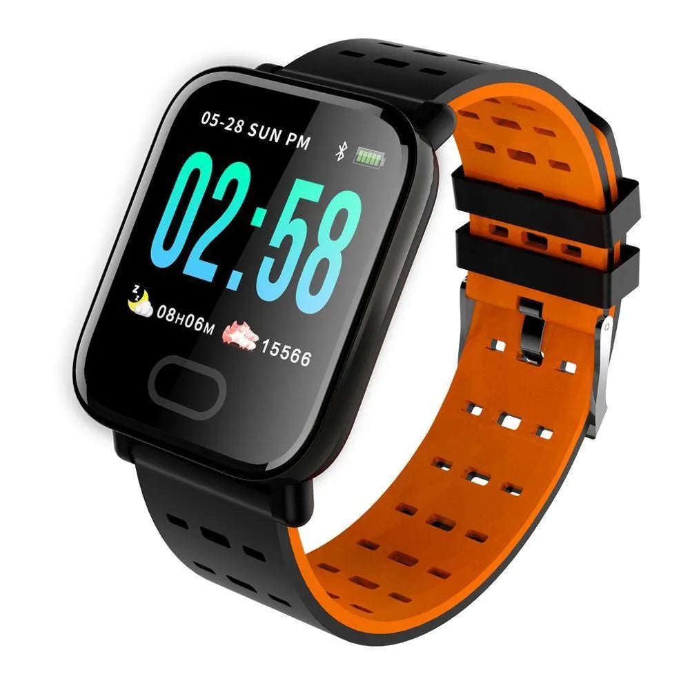 A6 smart bracelet with colour screen and silicone strap shown in black, blue, and orange colour options.