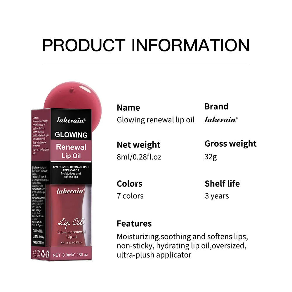 Glow Lip Gloss tube in 8ml size showing one of seven colours: Coral, Clear, Honey, Jam, Pink, Red, or Rose.