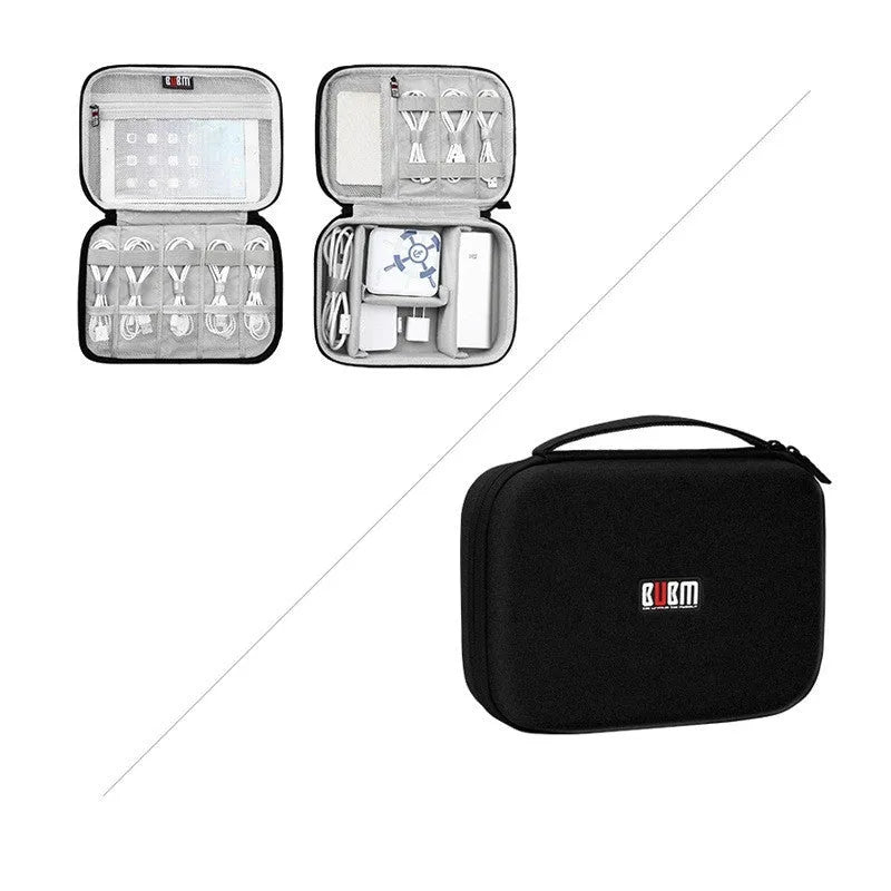 Black and grey EVA digital storage bag for headphones and accessories, showing single and double layer options