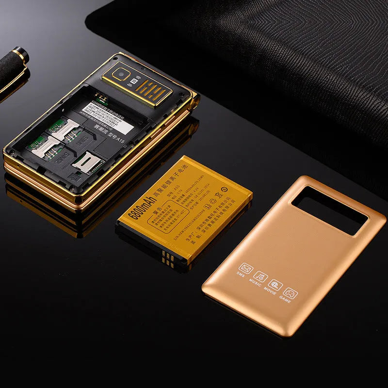 Dual screen flip phone in black, gold, or coffee colour with 3-inch touch display
