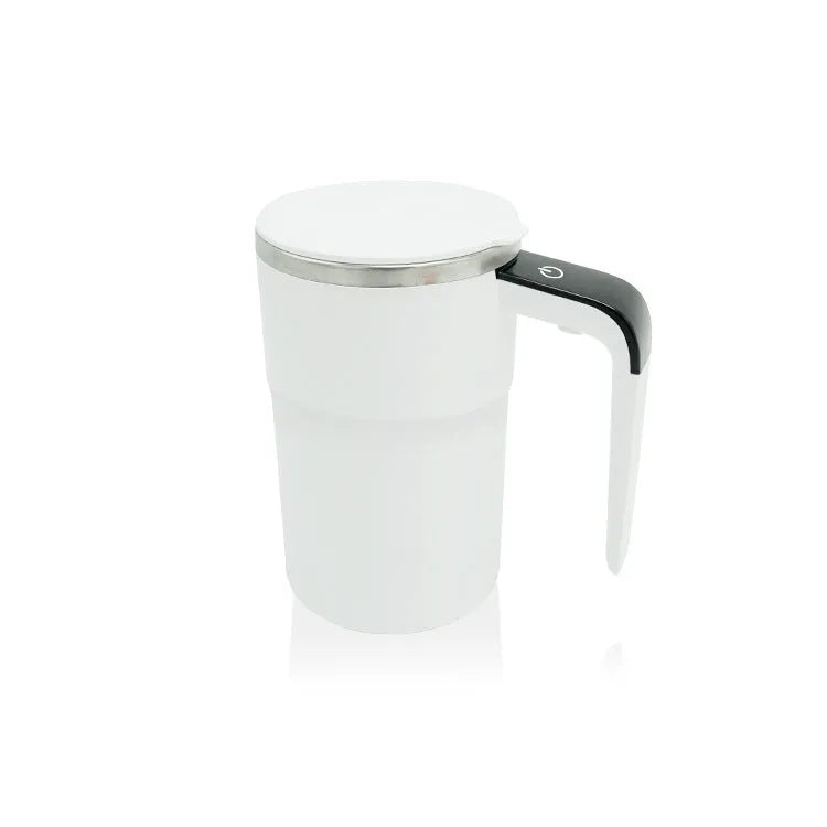 White electric coffee mug with LCD display showing temperature and magnetic stirring base