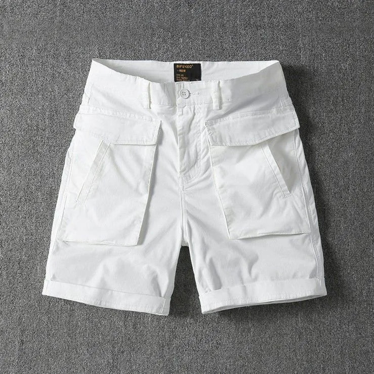 Men's straight-leg cargo shorts in Army Green with multiple pockets, made from stretch cotton fabric.