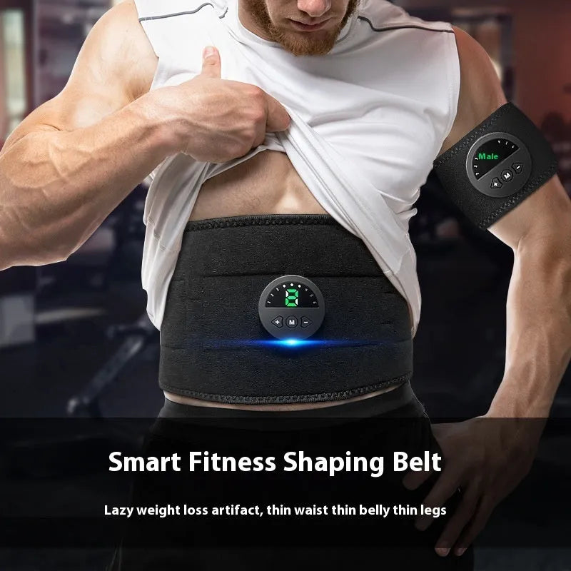 Fitness sweat belt with display screen and adjustable strap for waist and abdomen workouts.