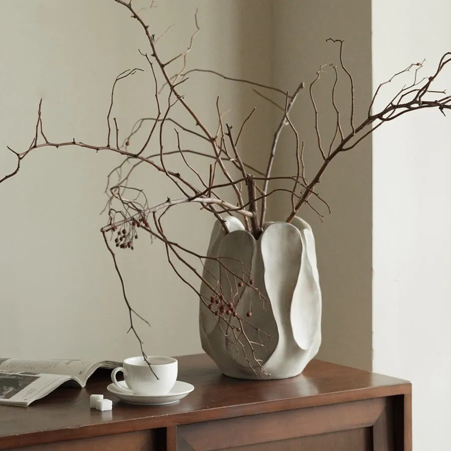 Handmade irregular ceramic vase in magnesium clay finish for flower arrangements