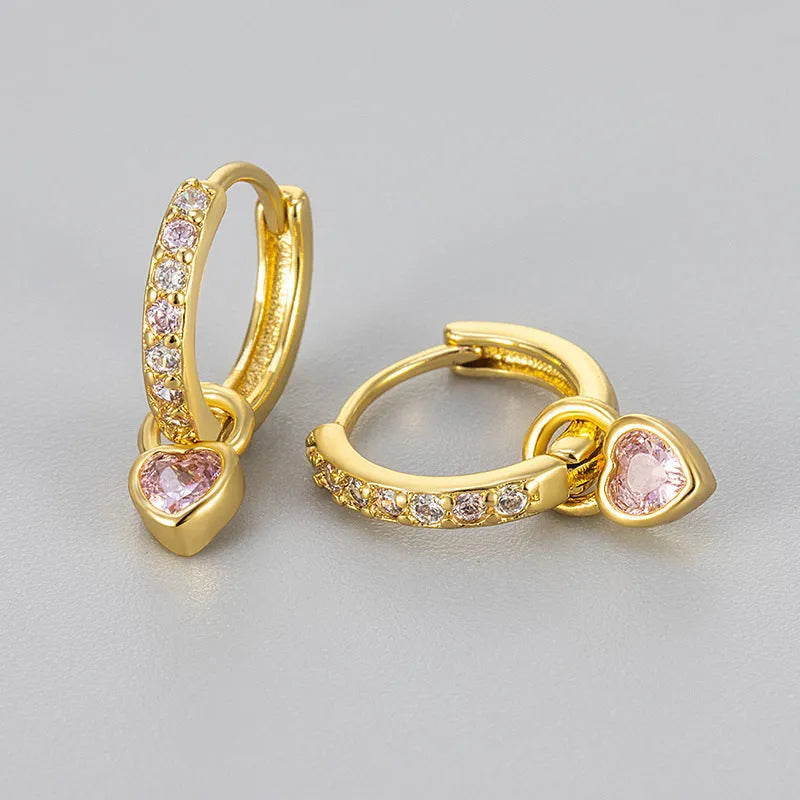 Women's zircon heart earrings with coloured gemstone eardrops in gold or white gold finish