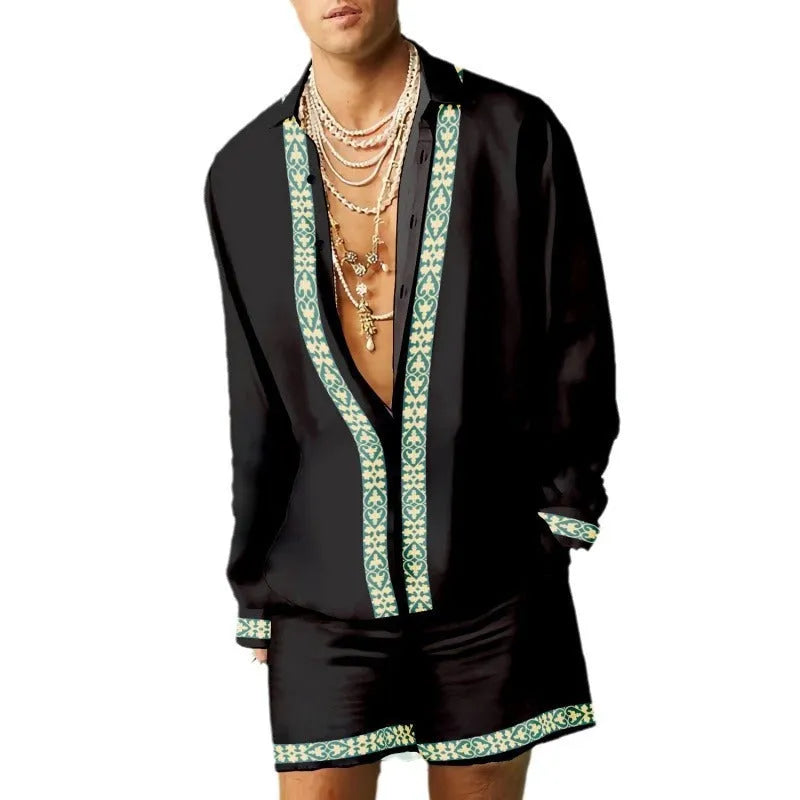 Men's slim fit long sleeve shirt and matching shorts casual co-ordinated set