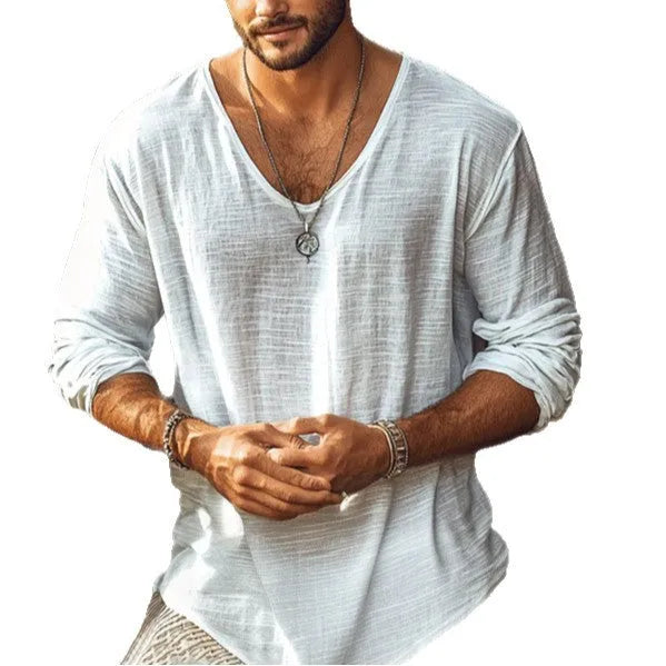 Beige slim fit V-neck long-sleeved pullover T-shirt made from hemp blend fabric