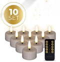 Four taupe coloured S10 3D flame LED tealight candles showing flickering light effect.