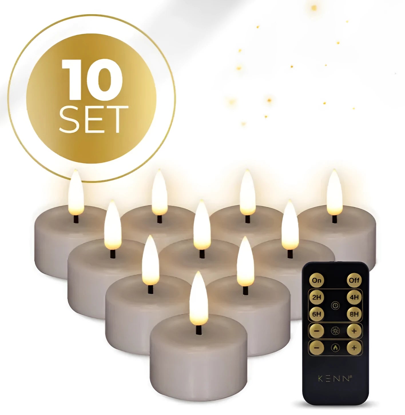 Four taupe coloured S10 3D flame LED tealight candles showing flickering light effect.