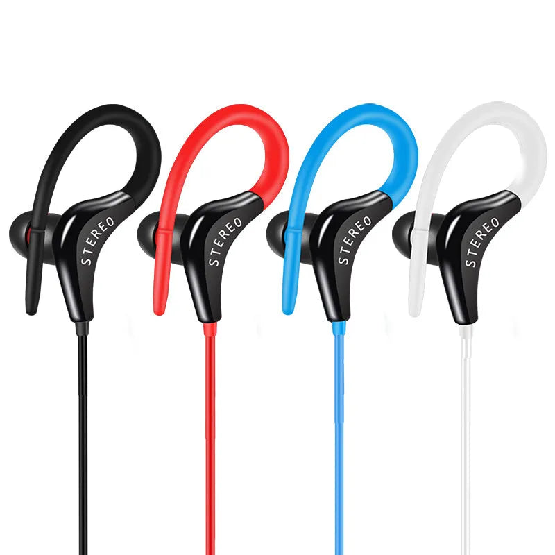 Wired earhook sport headphones with microphone in various colours including black, blue, red, rose red, and white