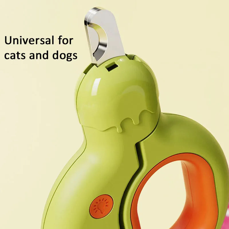 LED pet nail clippers with illuminated cutting area for cats and dogs, showing blue handle option