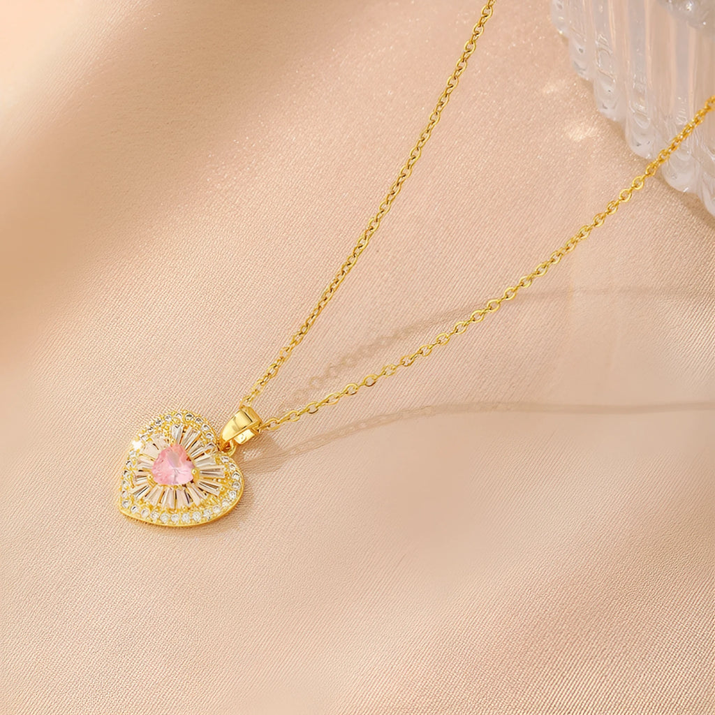 Women's copper necklace showing four pendant options: heart, round diamond, butterfly and cross designs