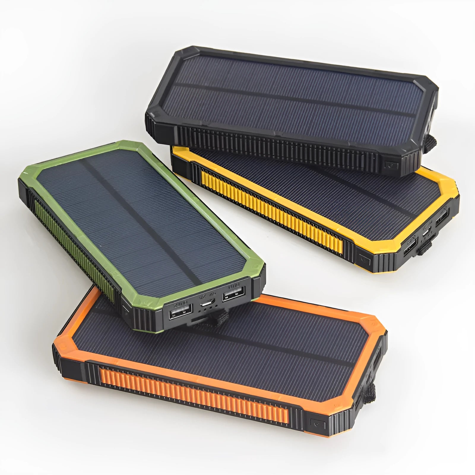 Solar power bank in orange plastic case with solar panel, showing USB ports and dimensions 161x79x17mm.