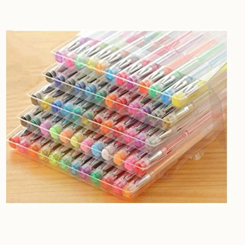 100 colour gel pen set with plastic bodies showing assorted colours and dual tip sizes