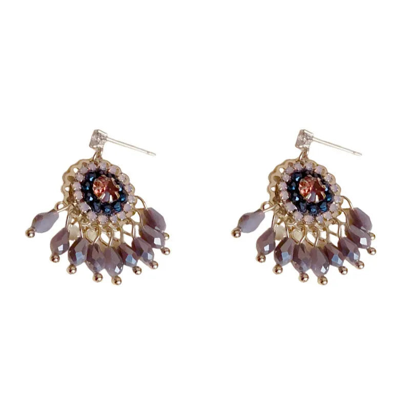 Geometric line design crystal tassel earrings with thick gold plating