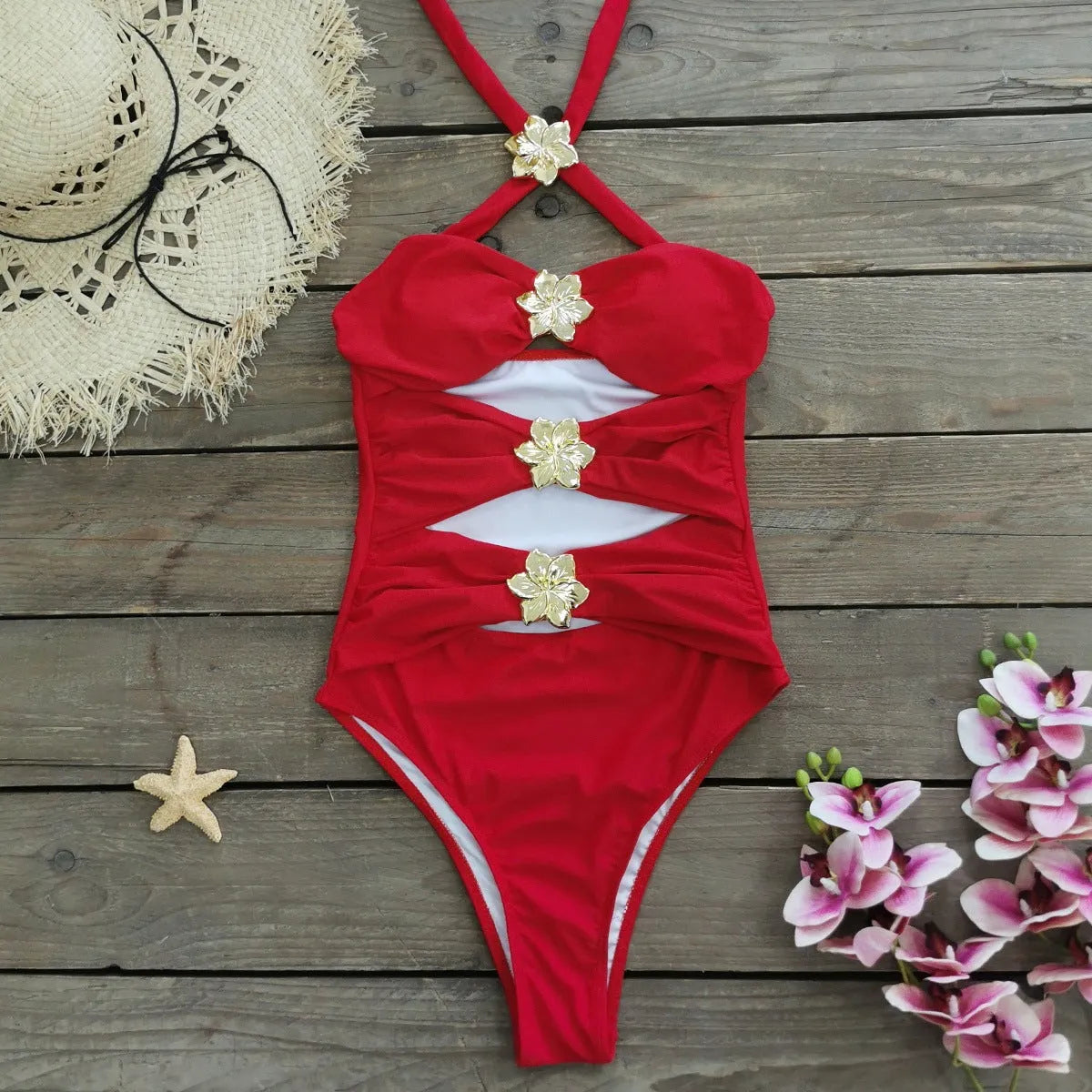 Women's solid colour one-piece swimsuit with high waist and coordinating short skirt