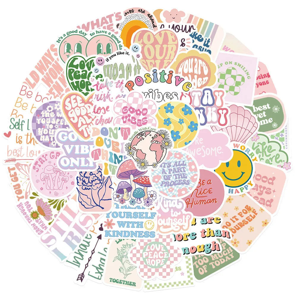 Pack of 50 Danish pink motivational stickers with cartoon graffiti patterns, each 4-6cm.