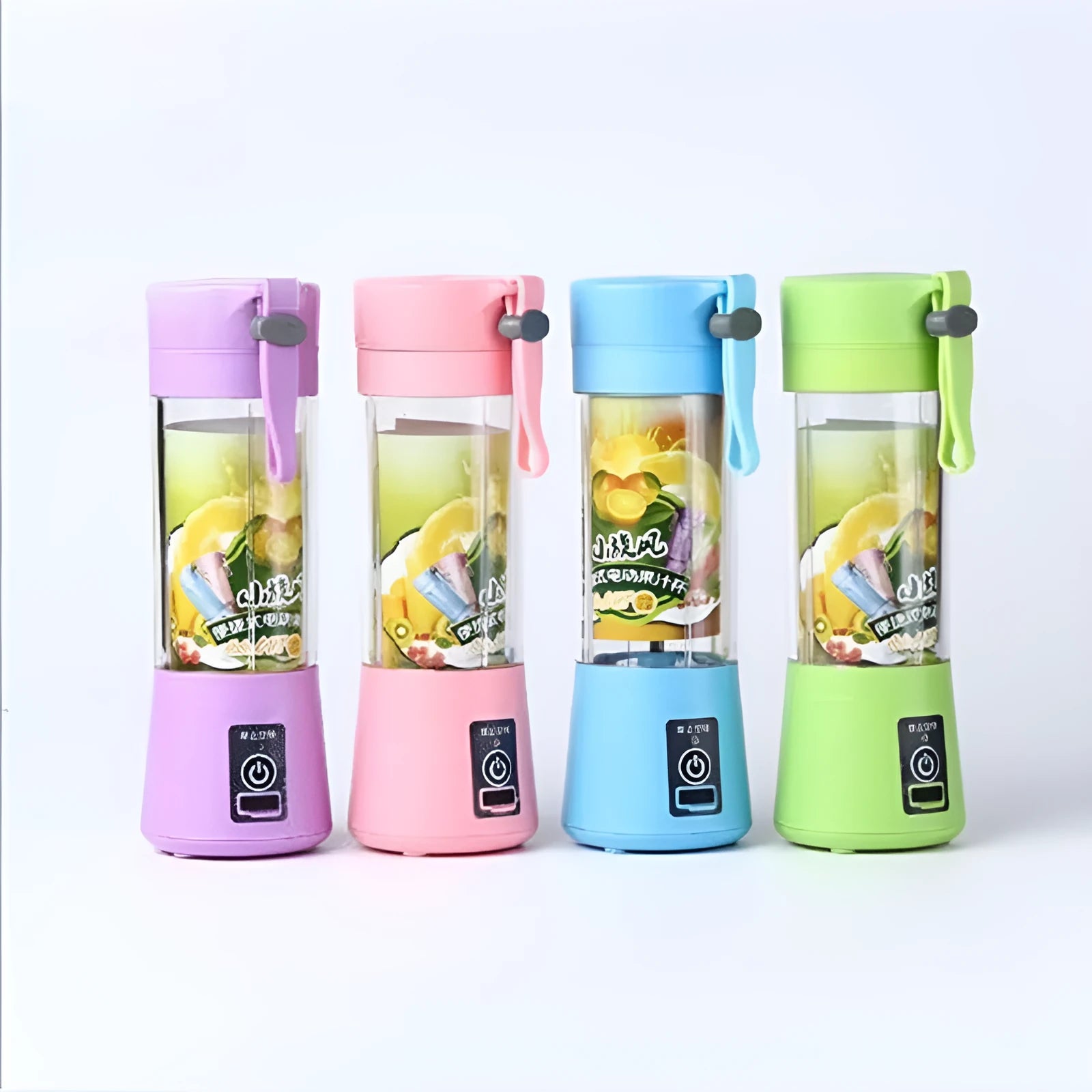 Pink mini USB electric centrifugal fruit juicer with stainless steel blade on a table.