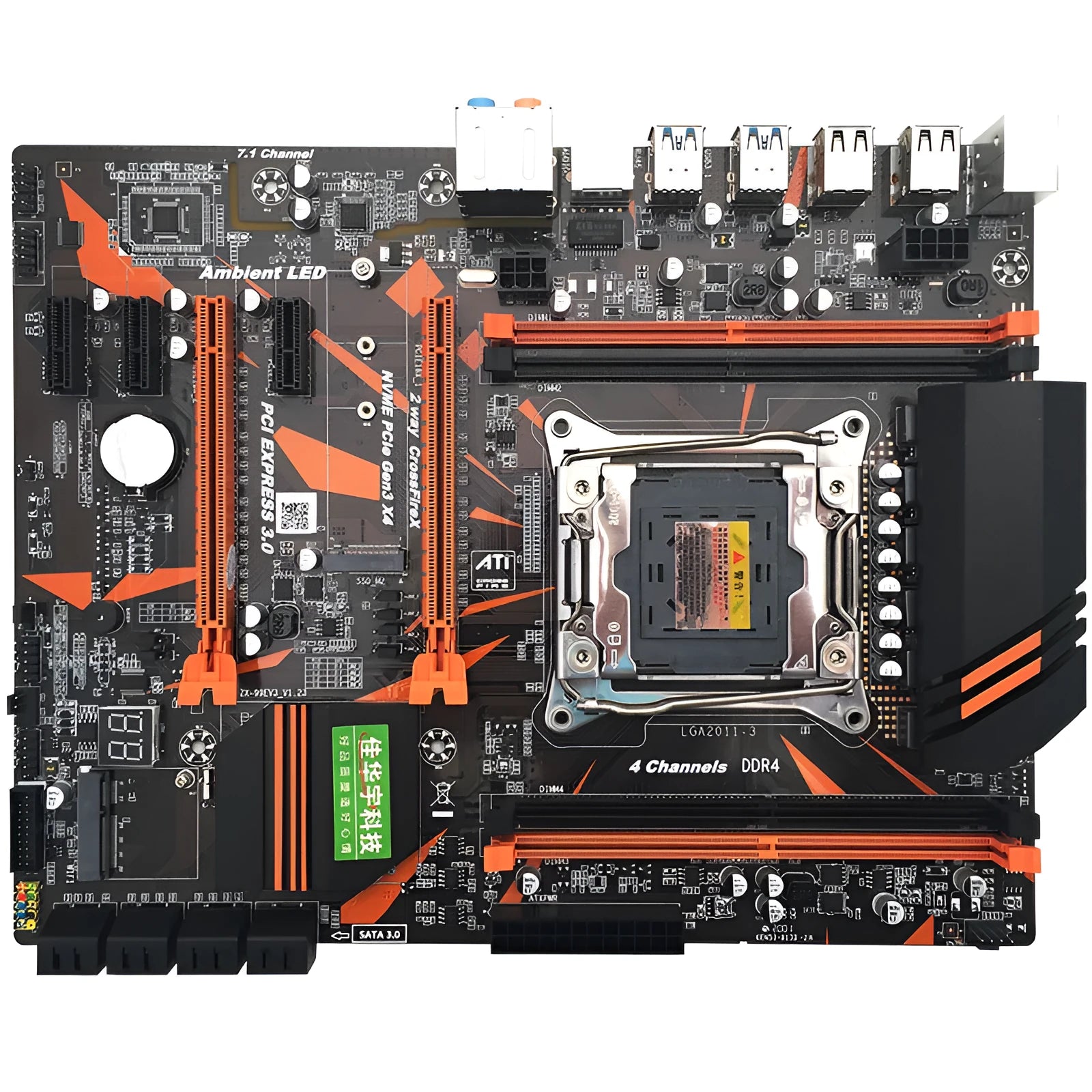 Black X99 ATX motherboard for LGA2011-3 CPUs with four DDR4 slots, PCIe slots, and M.2 interface