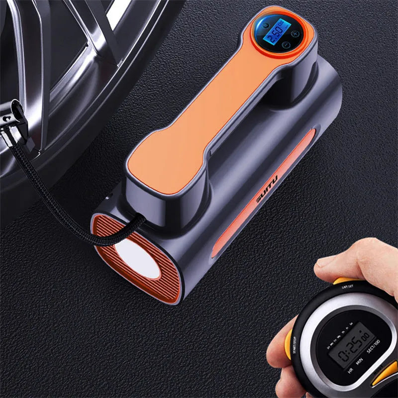 Black portable wireless tire inflator with digital display and USB charging cable on a grey background.