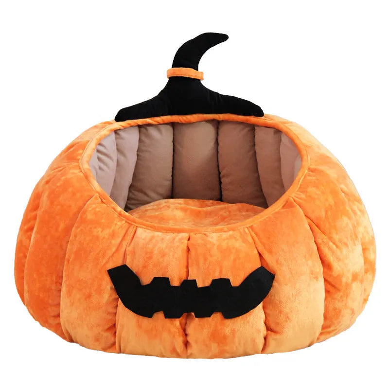 Halloween pumpkin-shaped cat nest in black or orange cloth for winter pet bedding