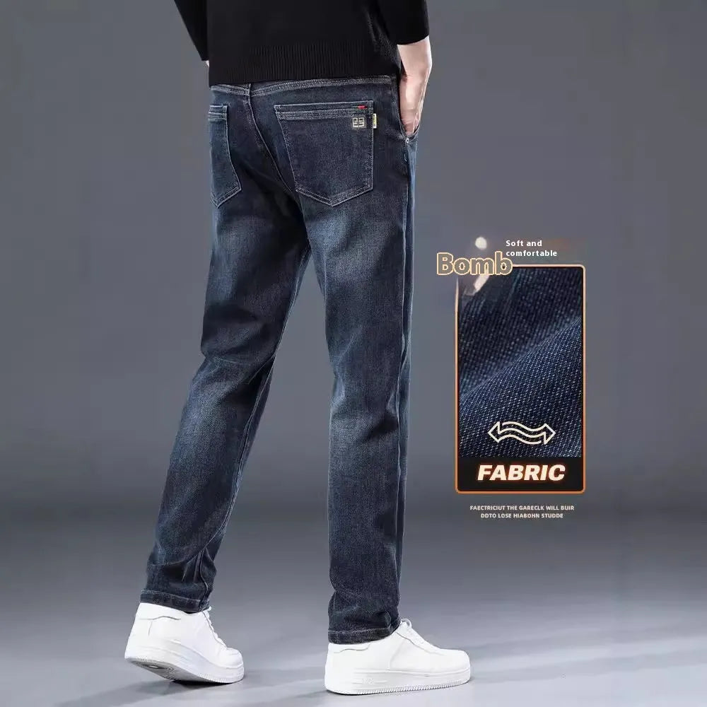 Men's slim straight casual trousers in thin polyester fabric shown in black and blue-grey colour options