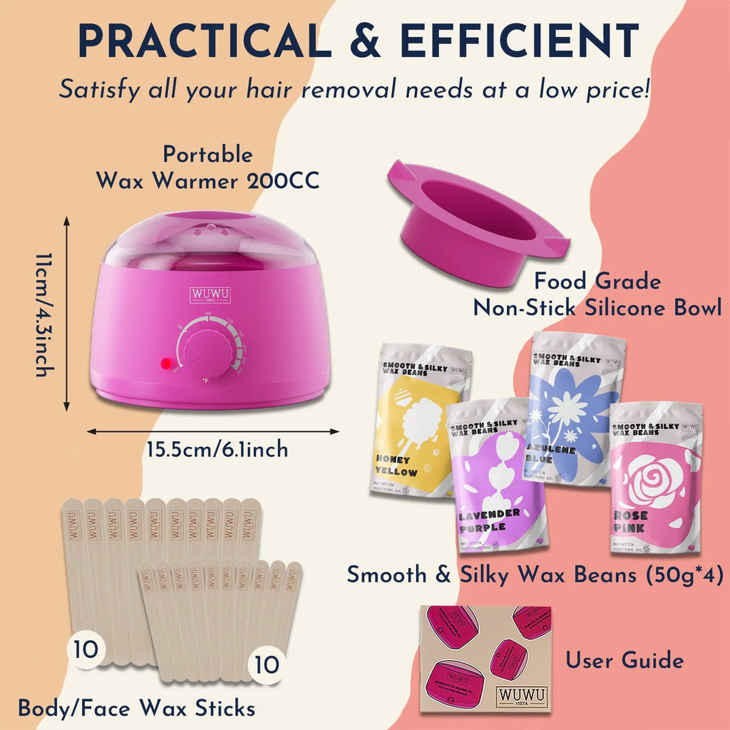 27-piece hypoallergenic wax kit with wax heater, coloured wax beads, and applicator sticks for home hair removal.