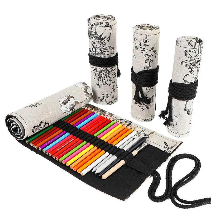 Square canvas pencil roll bag with black peony print design showing pencil pockets