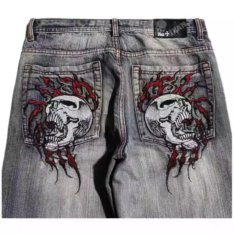 Men's grey washed-out straight-leg jeans with wide-leg workwear design