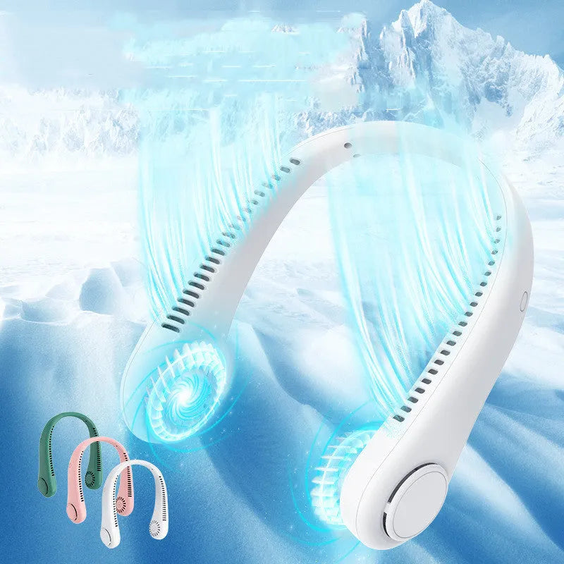 White rechargeable bladeless neck fan hanging around a person's neck showing minimalist plastic design