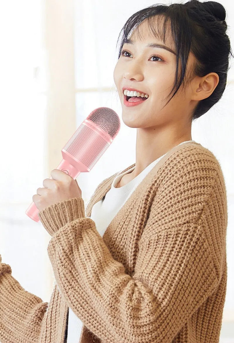 Wireless Bluetooth karaoke microphone in pink, blue and green colour options