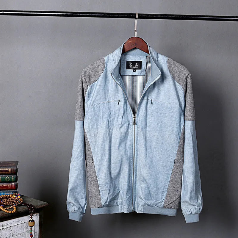 Men's thin regular-fit cotton jacket in heather grey, shown on a hanger.